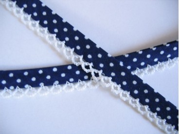 Biaisband Donkerblauw met witte stip en ruche, Dubbel 15 mm. br.