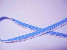 Biaisband Aqua met witte stip en ruche. Dubbel 15 mm.