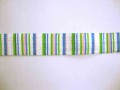 Elastisch biaisband met kobalt, groen en gele streepjes.  2 cm. breed