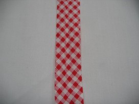 Rood geblokt biaisband. 100% katoen 2 cm. breed