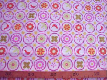 Wit lakenkatoen met kleine cirkels met print roze/oranje 2.60 breed