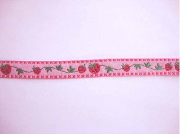 Sierband Fruit Roze met rode aardbeien  13mm