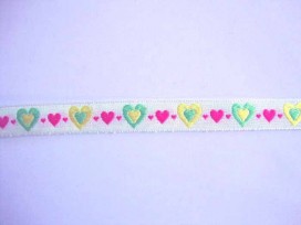 Sierband Hartjes Offwhite met geel lime pink hartjes 13mm