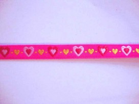 Sierband Hartjes Pink met roze rood en gele hartjes 13mm