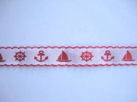 Hollands sierband Wit met rood anker en boot  20mm breed