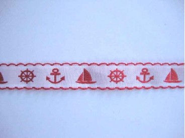 Hollands sierband Wit met rood anker en boot  20mm breed