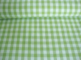 Een limekleurige boerenbont ruit van 10 x 10 mm. 100%katoen 1.45 mtr.br. 