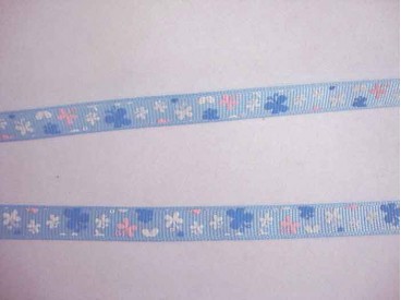Ripsband Lichtblauw met roze-wit-blue vlinders 10mm. 043-66K