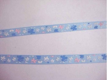 Ripsband Lichtblauw met roze-wit-blue vlinders 10mm. 043-66K