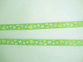 Ripsband Lime met roze-wit-gele vlinders 10mm. 043-661K