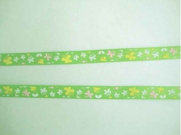 Ripsband Lime met roze-wit-gele vlinders 10mm. 043-661K