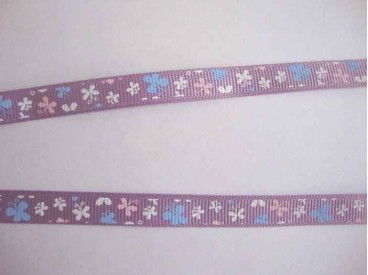 Ripsband Lila met roze-wit-blue vlinders 10mm. 043-662K