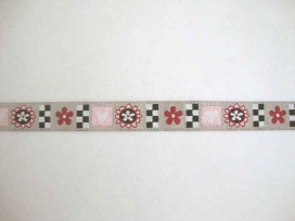 Sierband Hartjes Lichttaupe met zwart-rood-roze patroon 15mm.