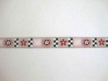 Sierband Hartjes Lichttaupe met zwart-rood-roze patroon 15mm.