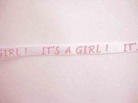 Ribsband wit/roze It's a Girl! 10mm. 1202-B-05